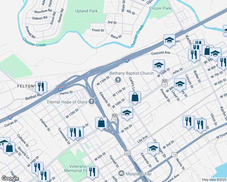 map of restaurants, bars, coffee shops, grocery stores, and more near 1128 Tilghman Street in Chester