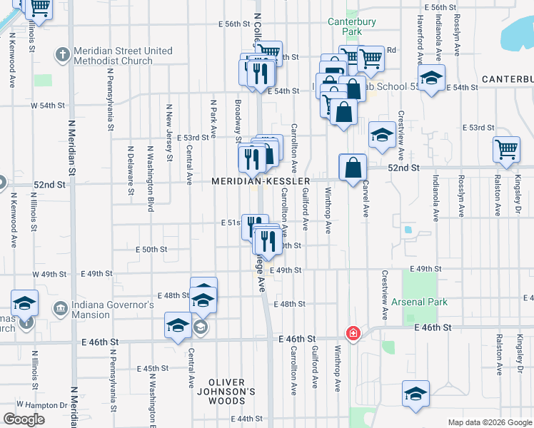 map of restaurants, bars, coffee shops, grocery stores, and more near 5130 Carrollton Avenue in Indianapolis