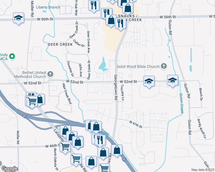 map of restaurants, bars, coffee shops, grocery stores, and more near 4956-4984 West 52nd Street in Indianapolis