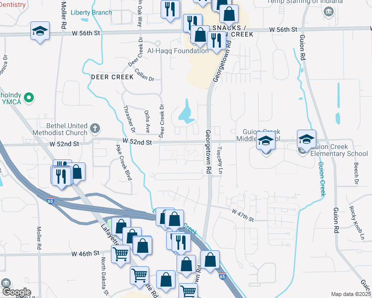 map of restaurants, bars, coffee shops, grocery stores, and more near 5226 Pinebrook Drive in Indianapolis