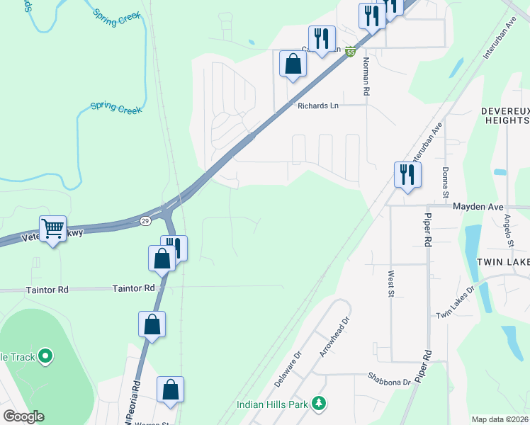 map of restaurants, bars, coffee shops, grocery stores, and more near 3012 Andy Road in Springfield