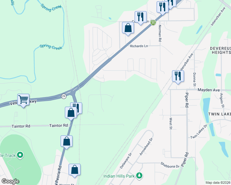 map of restaurants, bars, coffee shops, grocery stores, and more near 3012 Andy Road in Springfield