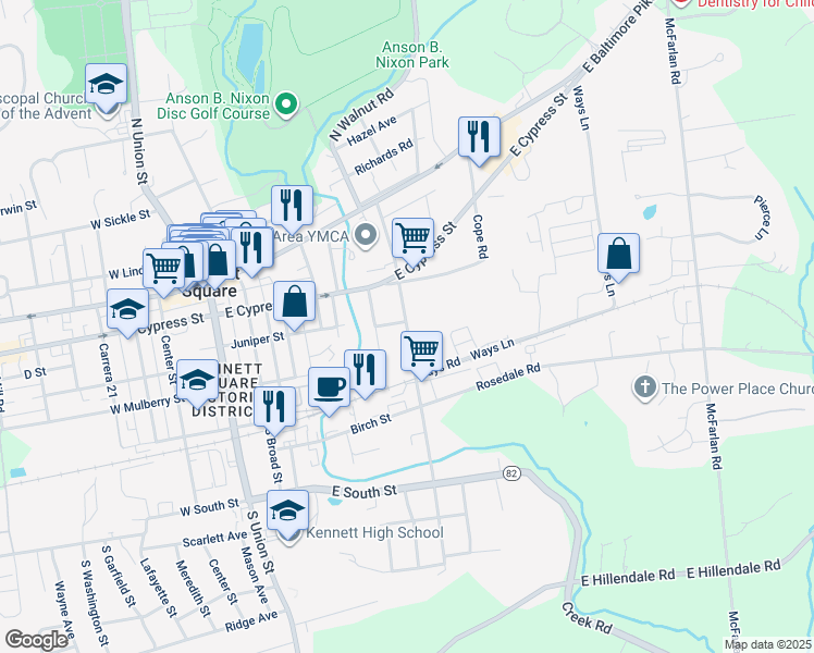 map of restaurants, bars, coffee shops, grocery stores, and more near 301 Walnut Court Way in Kennett Square