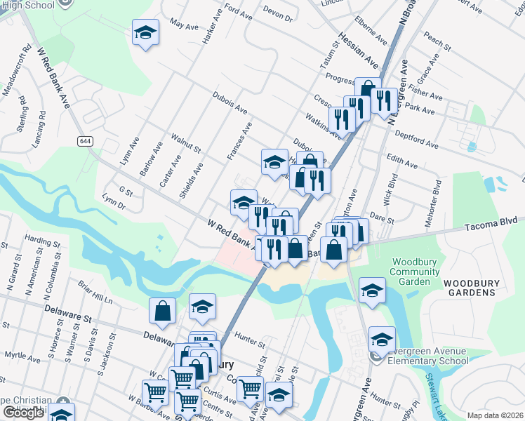 map of restaurants, bars, coffee shops, grocery stores, and more near 54 West Packer Street in Woodbury