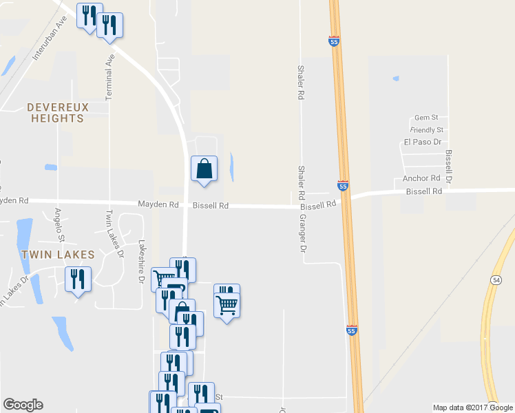 map of restaurants, bars, coffee shops, grocery stores, and more near Bissell Road in Springfield