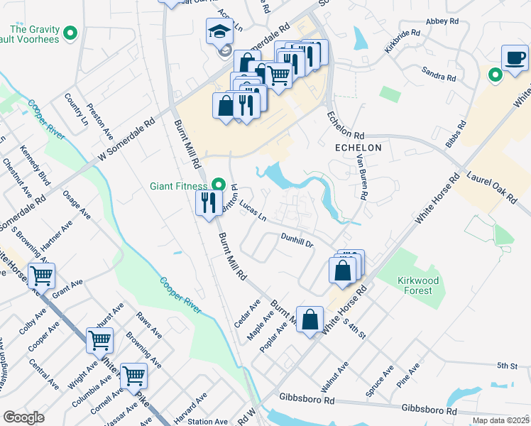 map of restaurants, bars, coffee shops, grocery stores, and more near 1602 Britton Place in Voorhees Township