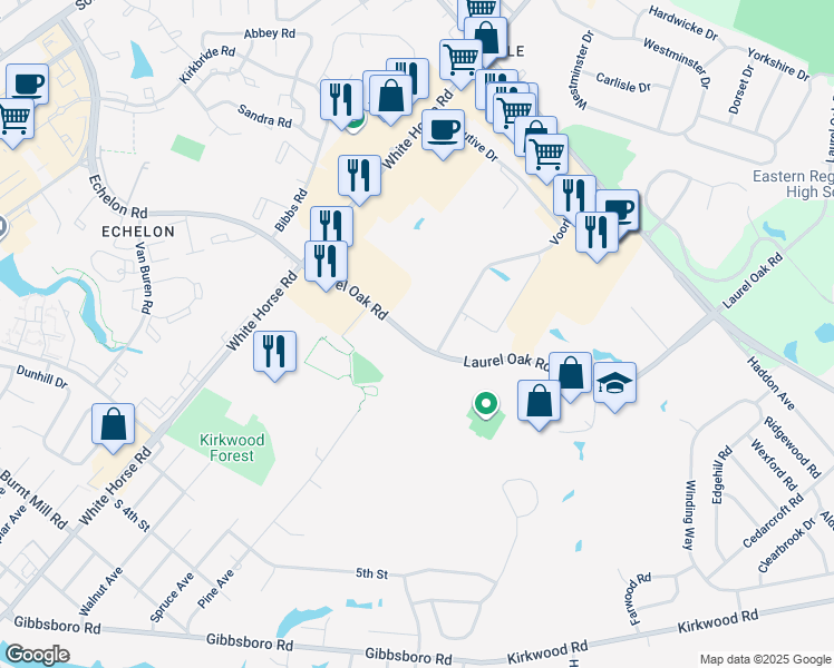 map of restaurants, bars, coffee shops, grocery stores, and more near 600 Laurel Oak Road in Voorhees Township