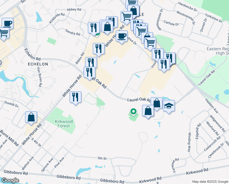 map of restaurants, bars, coffee shops, grocery stores, and more near 600 Laurel Oak Road in Voorhees Township