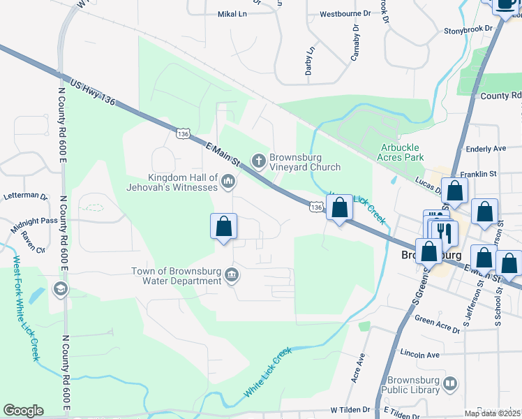 map of restaurants, bars, coffee shops, grocery stores, and more near 449 Elizabeth Lane in Brownsburg