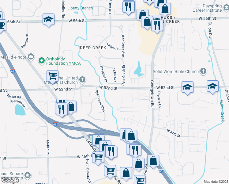 map of restaurants, bars, coffee shops, grocery stores, and more near 5045 West 52nd Street in Indianapolis