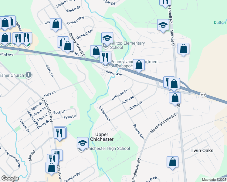 map of restaurants, bars, coffee shops, grocery stores, and more near 614 Rogers Avenue in Aston