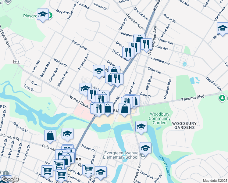 map of restaurants, bars, coffee shops, grocery stores, and more near 648 North Broad Street in Woodbury