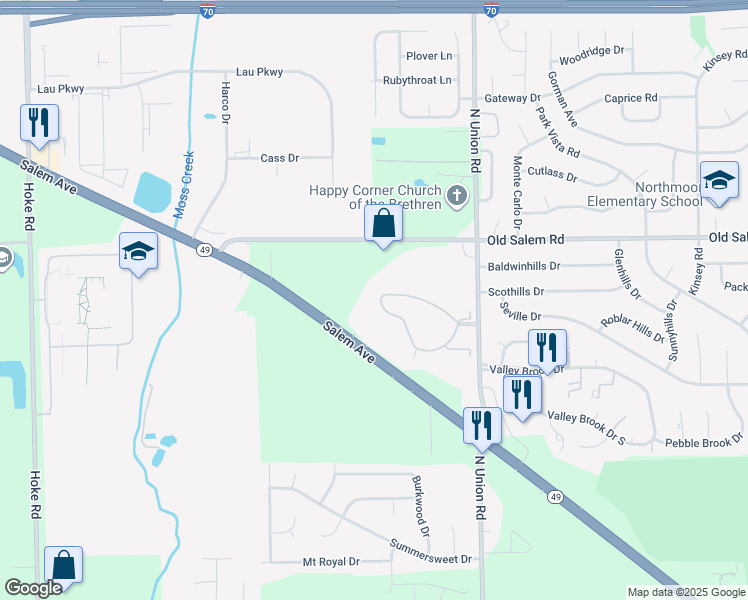 map of restaurants, bars, coffee shops, grocery stores, and more near 5075 Crescent Ridge Drive in Clayton