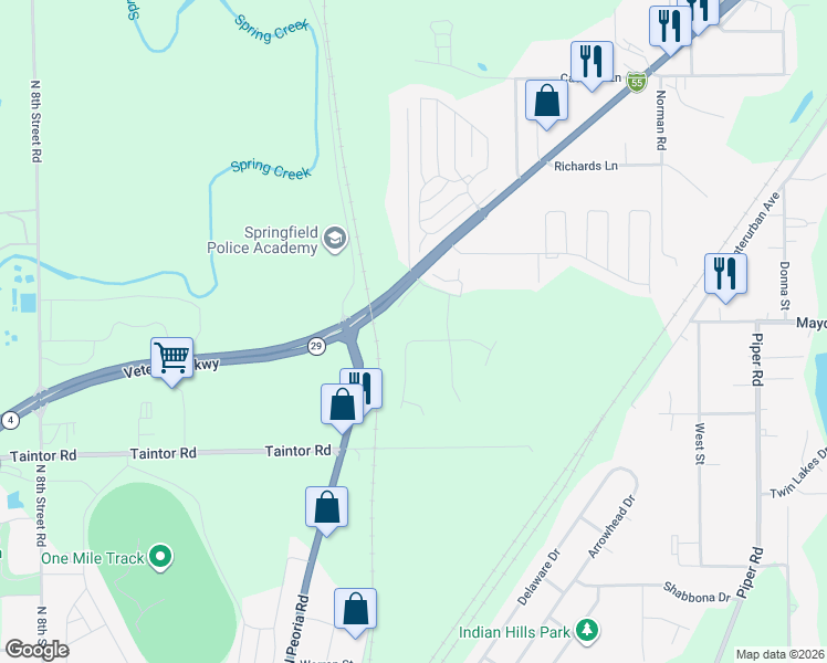 map of restaurants, bars, coffee shops, grocery stores, and more near 3200-3332 North Peoria Road in Springfield