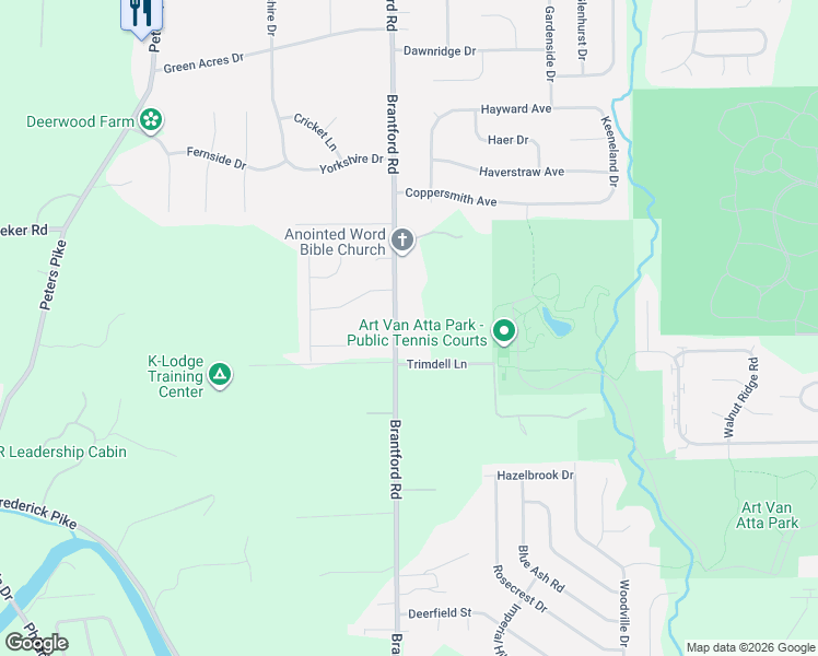 map of restaurants, bars, coffee shops, grocery stores, and more near 6816 Brantford Road in Dayton