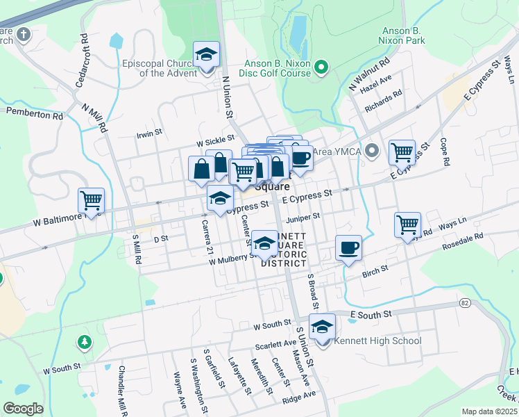 map of restaurants, bars, coffee shops, grocery stores, and more near 122 West Cypress Street in Kennett Square