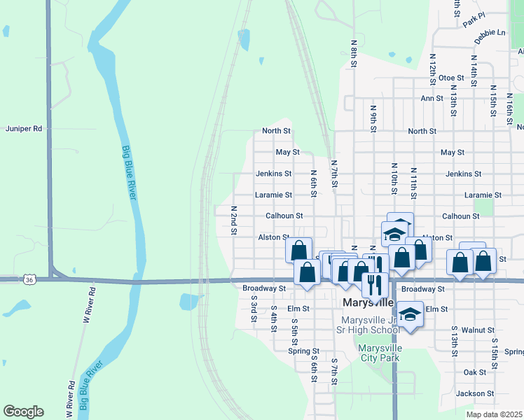 map of restaurants, bars, coffee shops, grocery stores, and more near 301-399 Laramie Street in Marysville