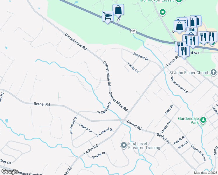 map of restaurants, bars, coffee shops, grocery stores, and more near 1747 Garnet Mine Road in Garnet Valley