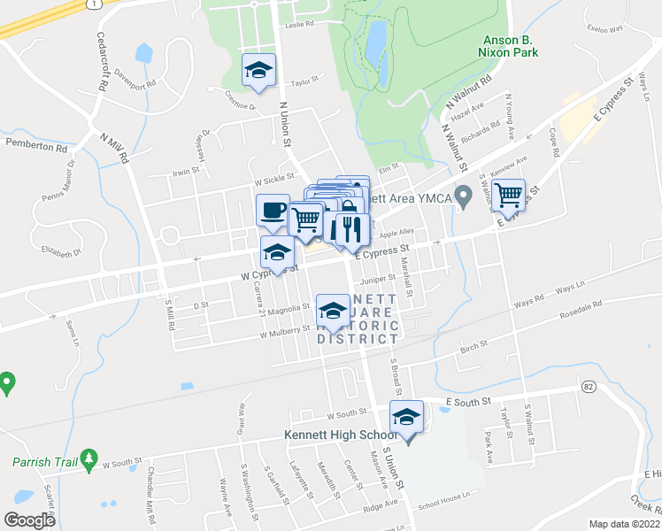 map of restaurants, bars, coffee shops, grocery stores, and more near 114 West Cypress Street in Kennett Square