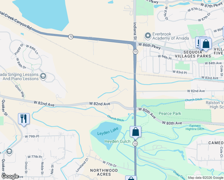 map of restaurants, bars, coffee shops, grocery stores, and more near 8333 Indiana Street in Arvada