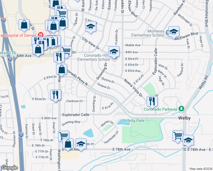 map of restaurants, bars, coffee shops, grocery stores, and more near 1302 Quivira Drive in Denver