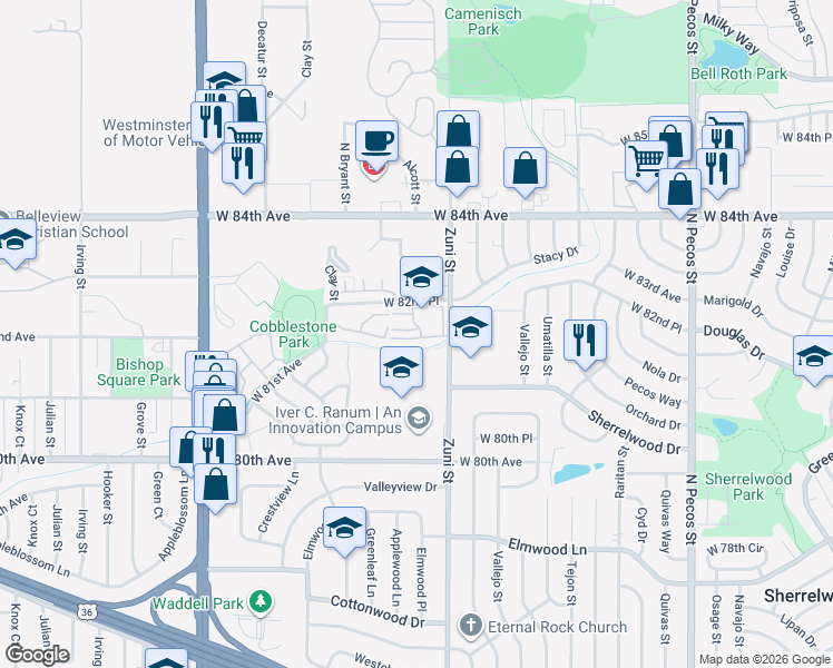 map of restaurants, bars, coffee shops, grocery stores, and more near 2430 West 82nd Place in Westminster