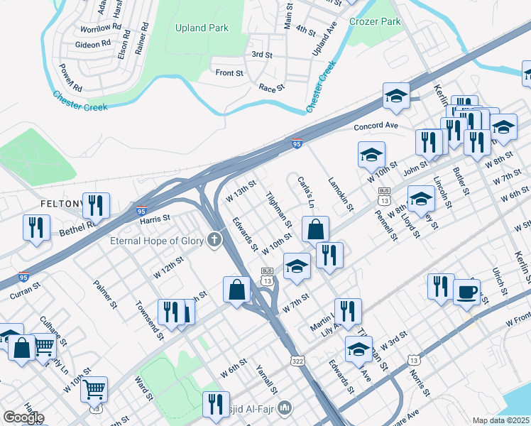 map of restaurants, bars, coffee shops, grocery stores, and more near 1128 Tilghman Street in Chester