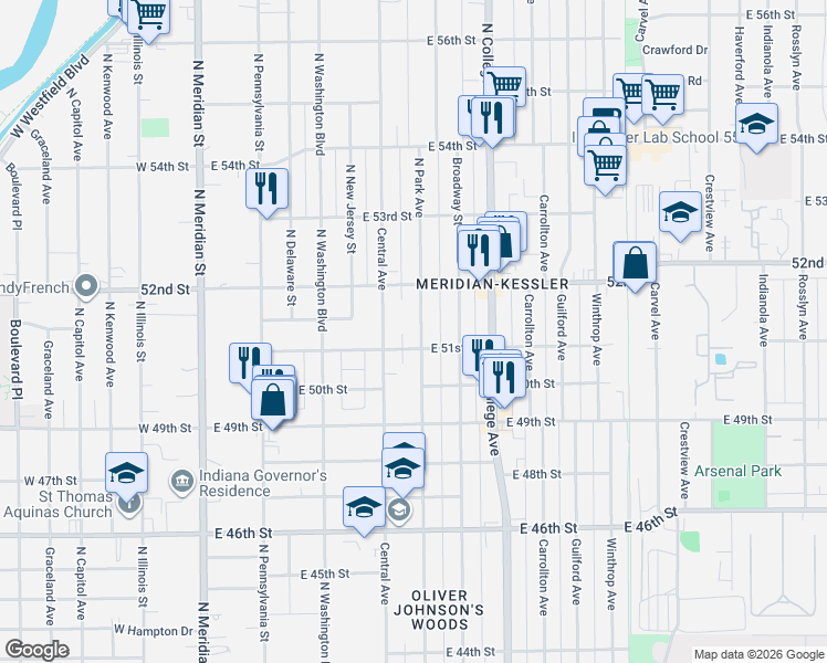 map of restaurants, bars, coffee shops, grocery stores, and more near 5131 Central Avenue in Indianapolis