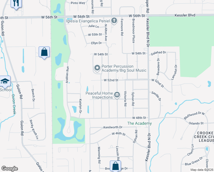 map of restaurants, bars, coffee shops, grocery stores, and more near 3419 West 52nd Street in Indianapolis