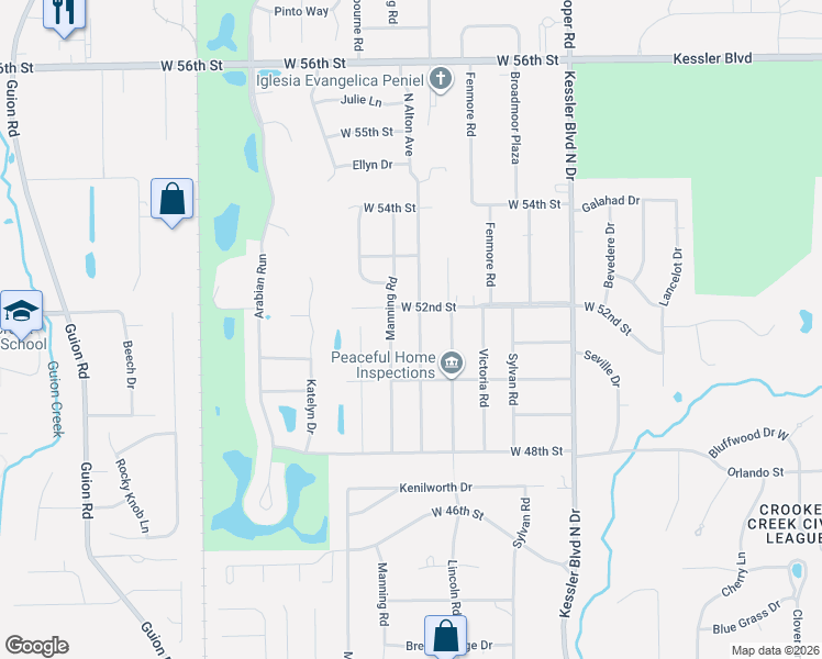 map of restaurants, bars, coffee shops, grocery stores, and more near 3419 West 52nd Street in Indianapolis