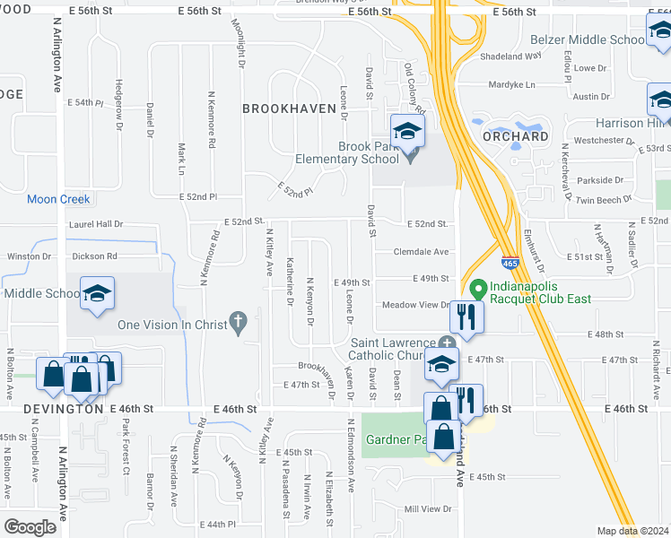map of restaurants, bars, coffee shops, grocery stores, and more near 4913 Karen Drive in Lawrence