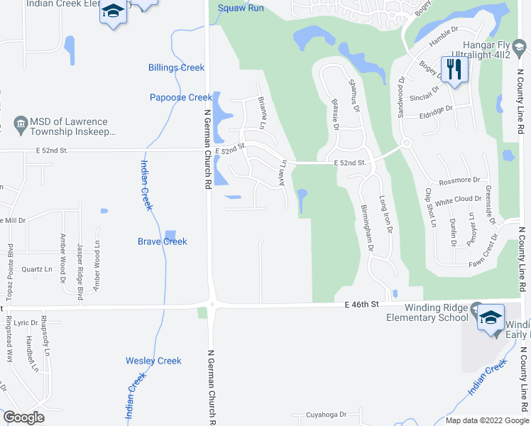 map of restaurants, bars, coffee shops, grocery stores, and more near 11205 Cowan Lake Court in Indianapolis