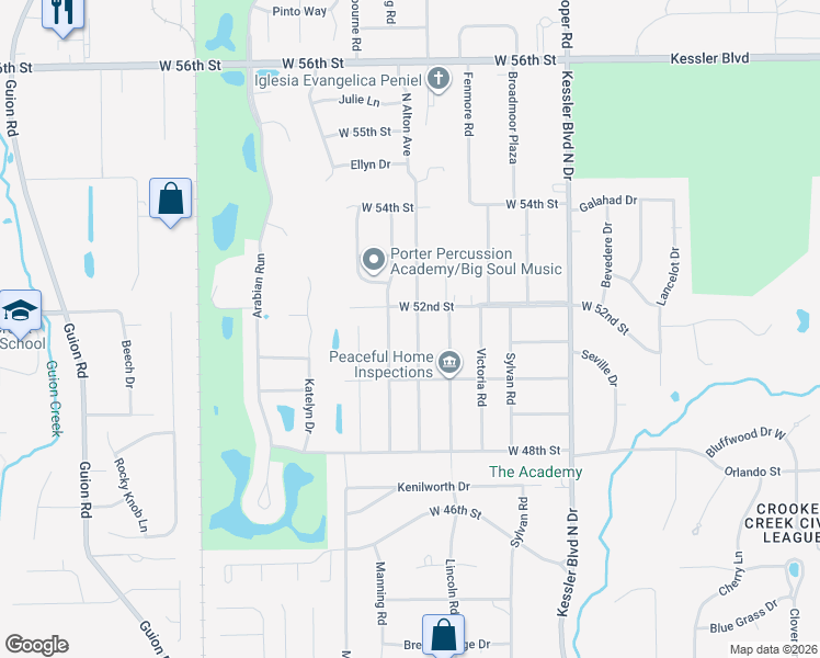 map of restaurants, bars, coffee shops, grocery stores, and more near 3419 West 52nd Street in Indianapolis
