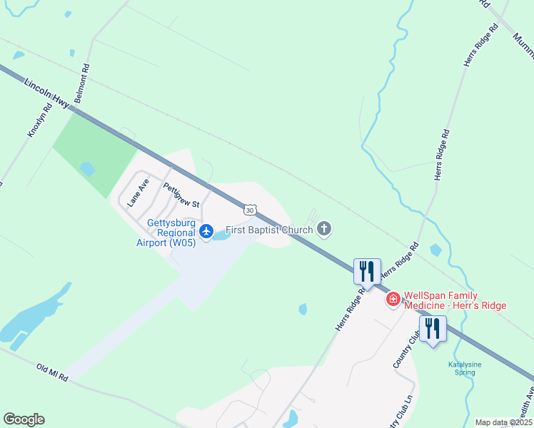 map of restaurants, bars, coffee shops, grocery stores, and more near 1113 Chambersburg Road in Gettysburg