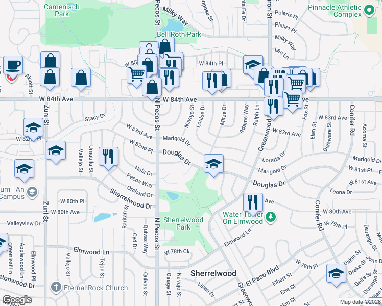 map of restaurants, bars, coffee shops, grocery stores, and more near 1341 Marigold Drive in Denver