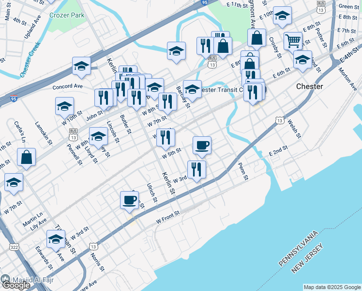 map of restaurants, bars, coffee shops, grocery stores, and more near 502 West 5th Street in Chester