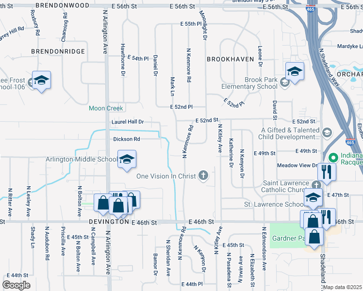 map of restaurants, bars, coffee shops, grocery stores, and more near 5027 North Kenmore Road in Indianapolis