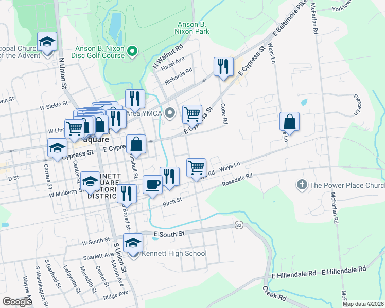 map of restaurants, bars, coffee shops, grocery stores, and more near 233 South Walnut Street in Kennett Square