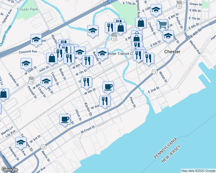 map of restaurants, bars, coffee shops, grocery stores, and more near 349 Franklin Street in Chester