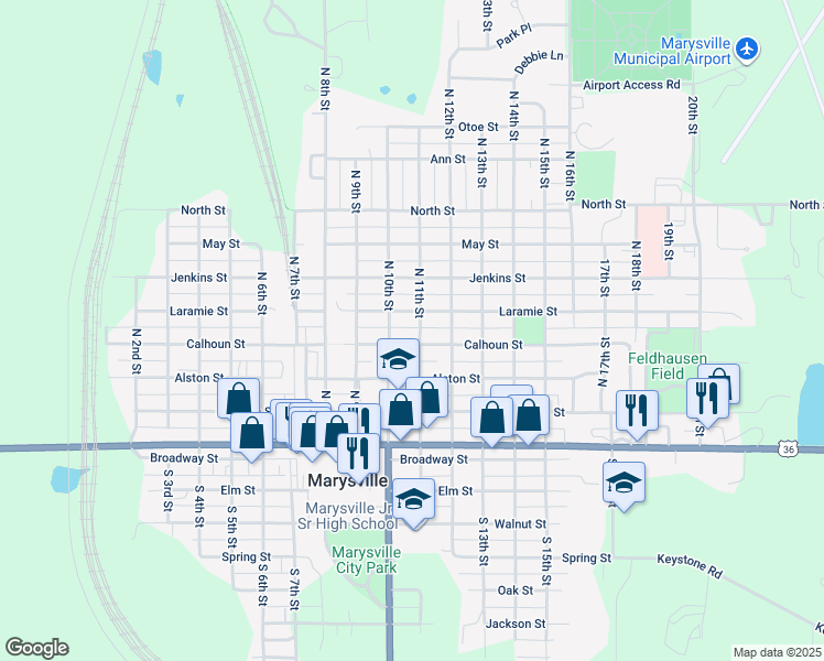 map of restaurants, bars, coffee shops, grocery stores, and more near 505 North 11th Street in Marysville