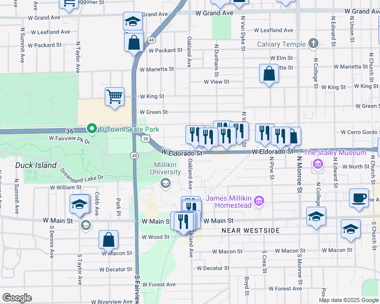 map of restaurants, bars, coffee shops, grocery stores, and more near 1100 West Eldorado Street in Decatur