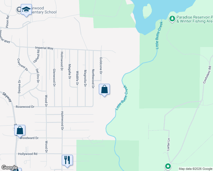 map of restaurants, bars, coffee shops, grocery stores, and more near 14772 Goldcone Drive in Magalia