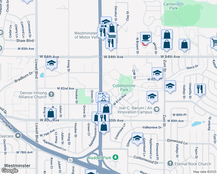 map of restaurants, bars, coffee shops, grocery stores, and more near 8290 Federal Boulevard in Westminster