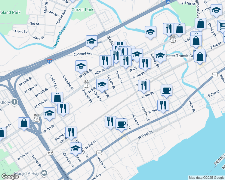 map of restaurants, bars, coffee shops, grocery stores, and more near 909 West 7th Street in Chester