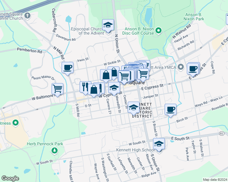 map of restaurants, bars, coffee shops, grocery stores, and more near 116 Meredith Street in Kennett Square