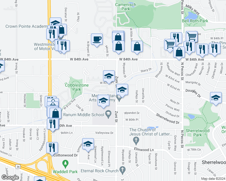 map of restaurants, bars, coffee shops, grocery stores, and more near 2430 West 82nd Place in Westminster