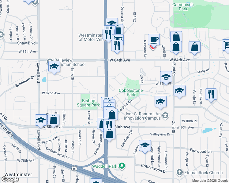 map of restaurants, bars, coffee shops, grocery stores, and more near 8290 Federal Boulevard in Westminster