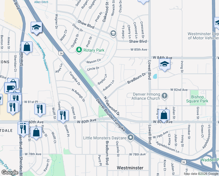map of restaurants, bars, coffee shops, grocery stores, and more near 8201 Auburn Lane in Westminster