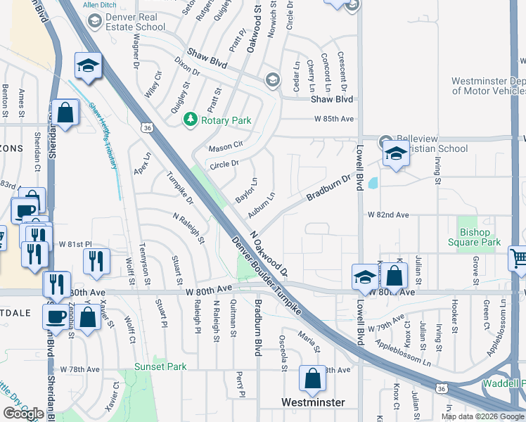 map of restaurants, bars, coffee shops, grocery stores, and more near 8201 Auburn Lane in Westminster