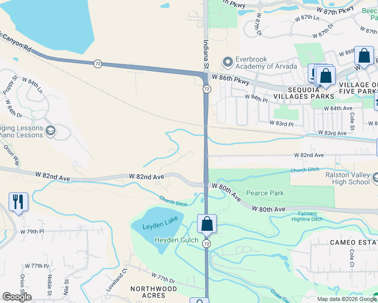 map of restaurants, bars, coffee shops, grocery stores, and more near 8333 Indiana Street in Arvada